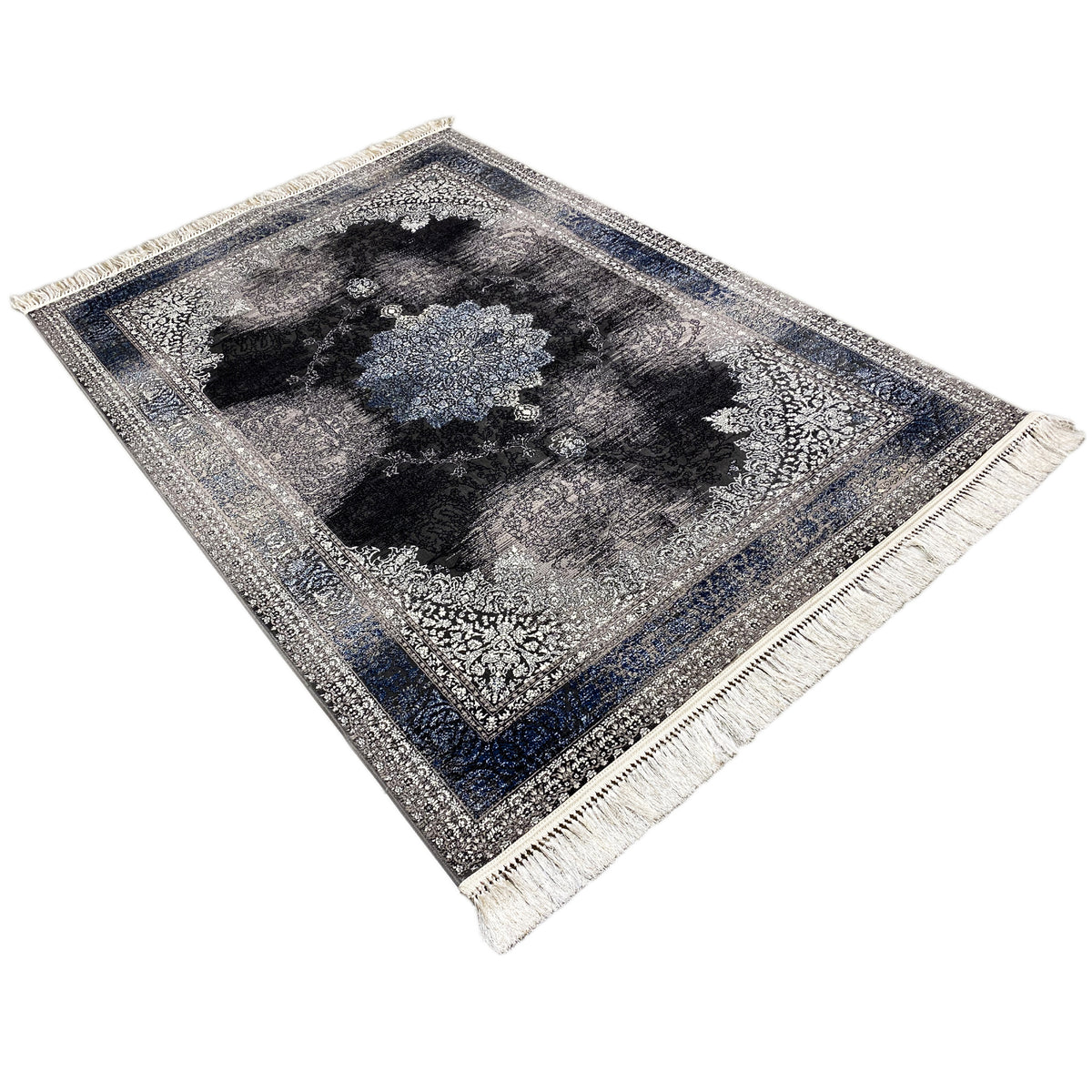 Oriental rug 160x230 with a blue-and-black patterned medallion and fringes