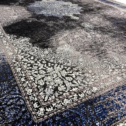 Oriental rug 160x230 close-up: blue-black ornamental pattern, textured pile