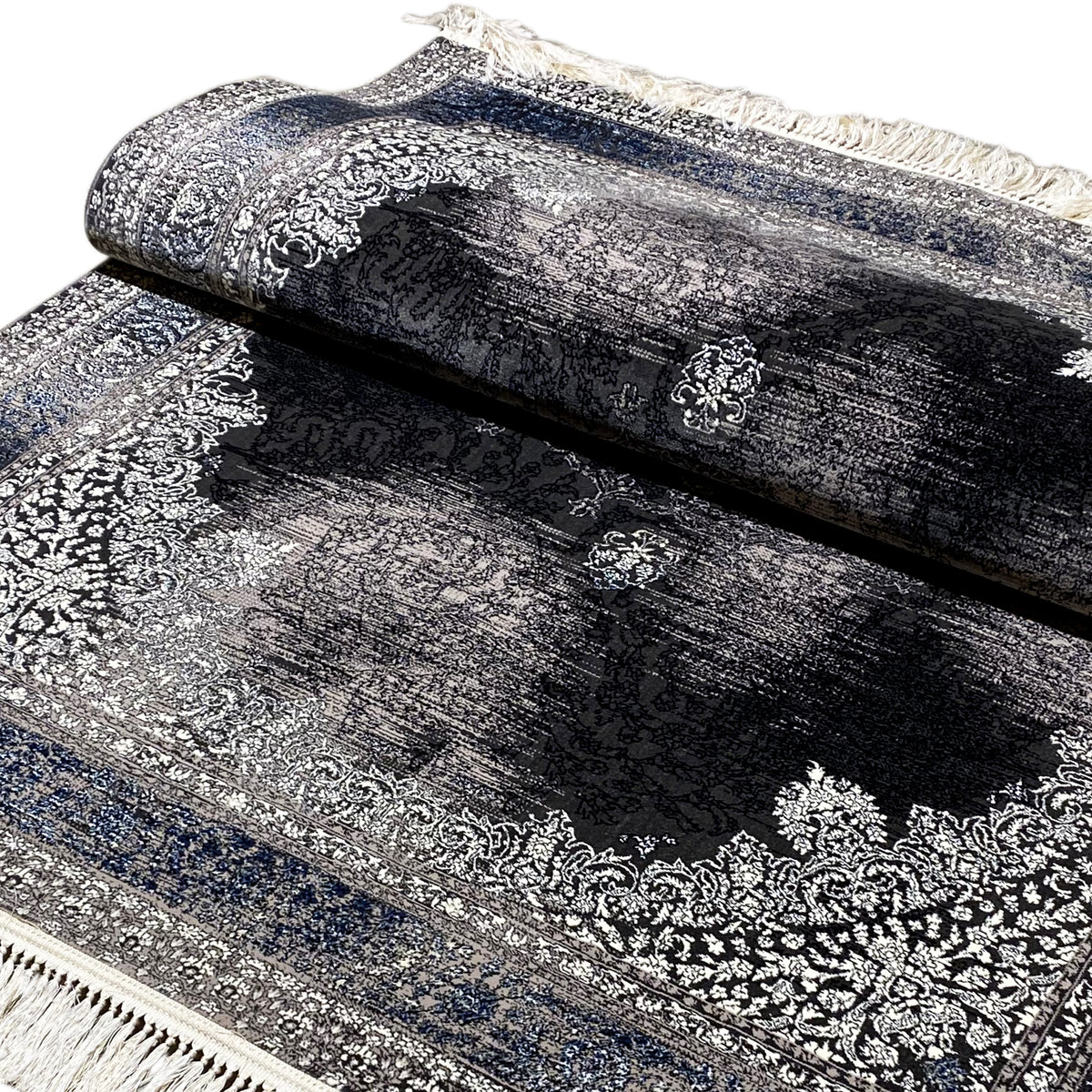 Oriental rug 160x230 rolled, blue-silver vintage pattern and fringes along the edge