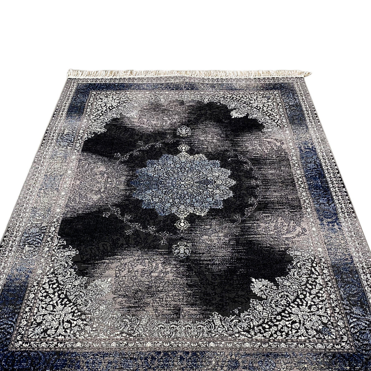 Oriental rug 160x230, lying flat, central black medallion in blue