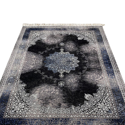 Oriental rug 160x230, lying flat, central black medallion in blue
