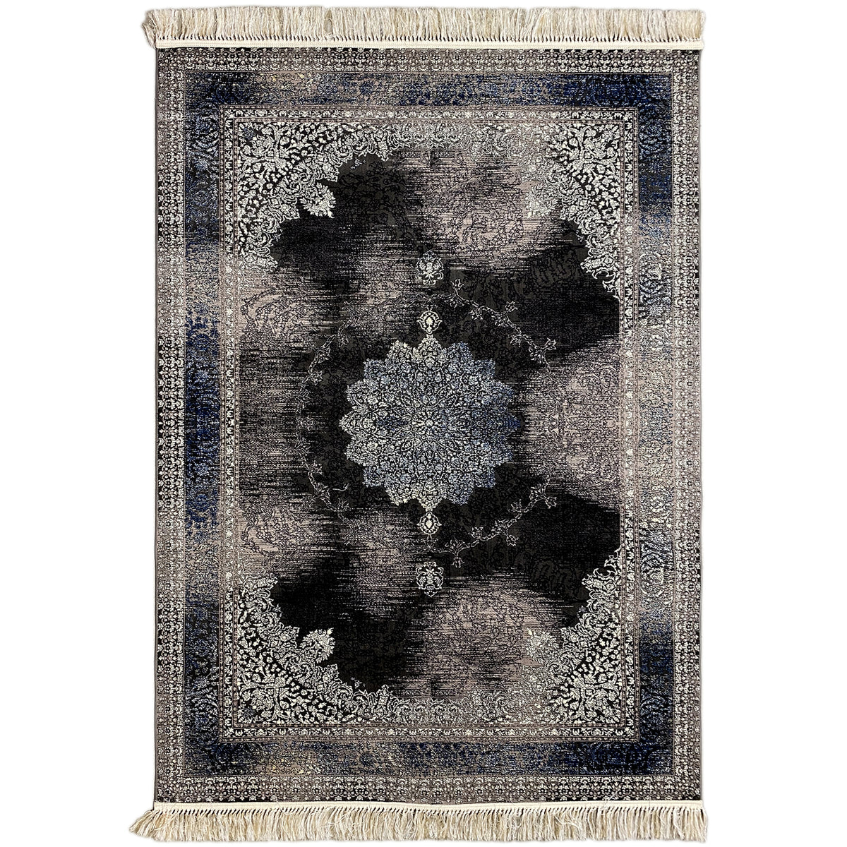 Oriental rug 160x230 with a Baroque medallion design in gray, blue, and black, with fringes