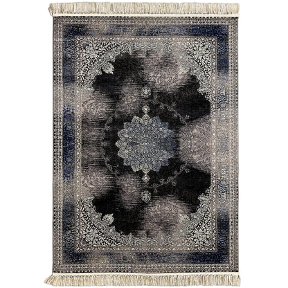 Oriental rug 160x230 with a Baroque medallion design in gray, blue, and black, with fringes