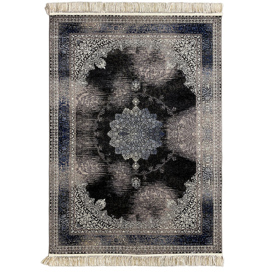 Oriental rug 160x230 with a Baroque medallion design in gray, blue, and black, with fringes