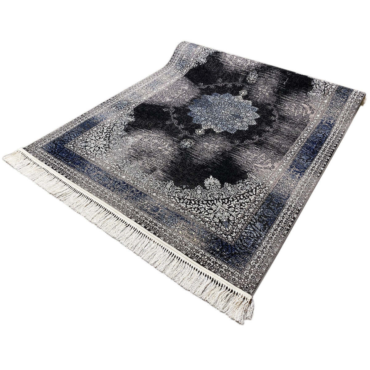 Oriental rug 160x230, mottled pattern in gray and black with blue borders, fringes