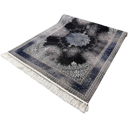 Oriental rug 160x230, mottled pattern in gray and black with blue borders, fringes