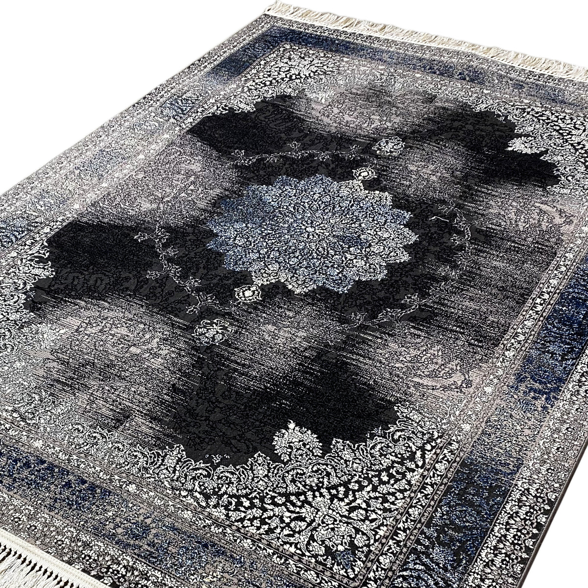 Oriental rug 160x230 detailed view: central medallion, ornamental border, gray/blue/black
