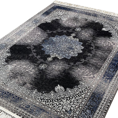 Oriental rug 160x230 detailed view: central medallion, ornamental border, gray/blue/black