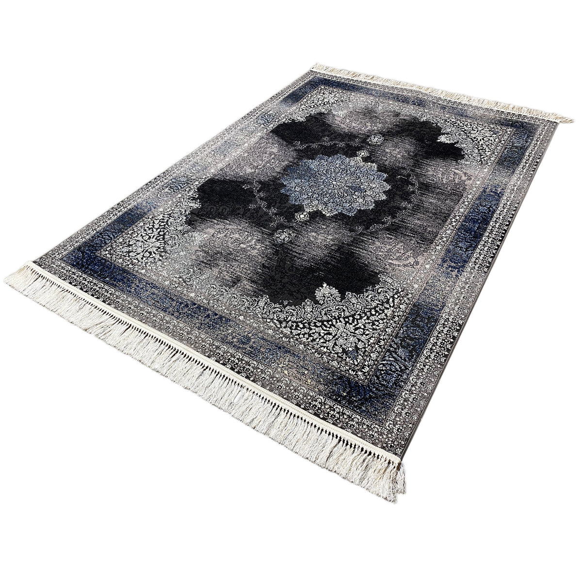Oriental rug 160x230 flat-woven, gray-black pattern with blue border, fringes