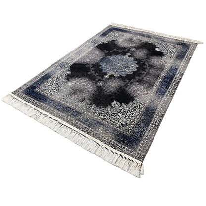 Oriental rug 160x230 flat-woven, gray-black pattern with blue border, fringes