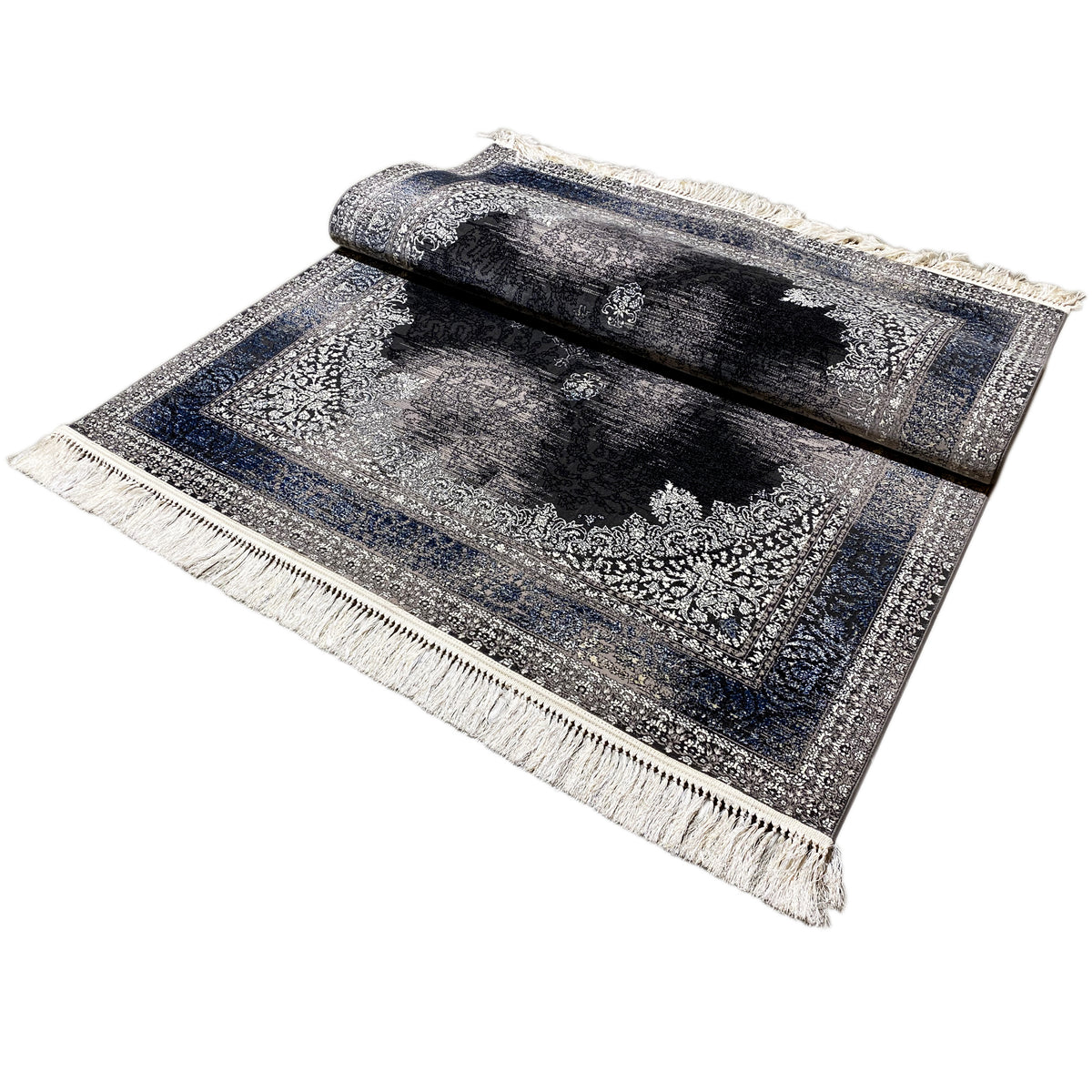 Oriental rug 160x230 with a folded layout pattern and ornaments in gray, blue, and black, with fringes