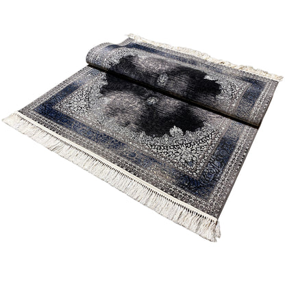 Oriental rug 160x230 with a folded layout pattern and ornaments in gray, blue, and black, with fringes