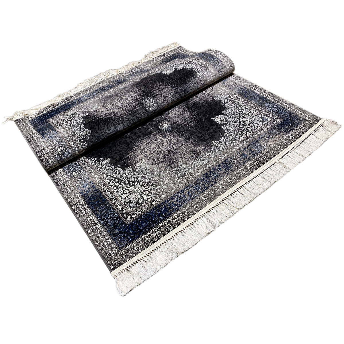 Oriental rug 160x230 folded, central motifs and border in gray, blue, and black, fringes