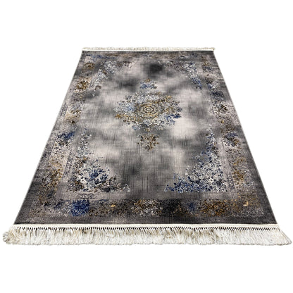 Medallion rug 160x230 cm with a central ornamental medallion in blue and gold, gray background, fringes