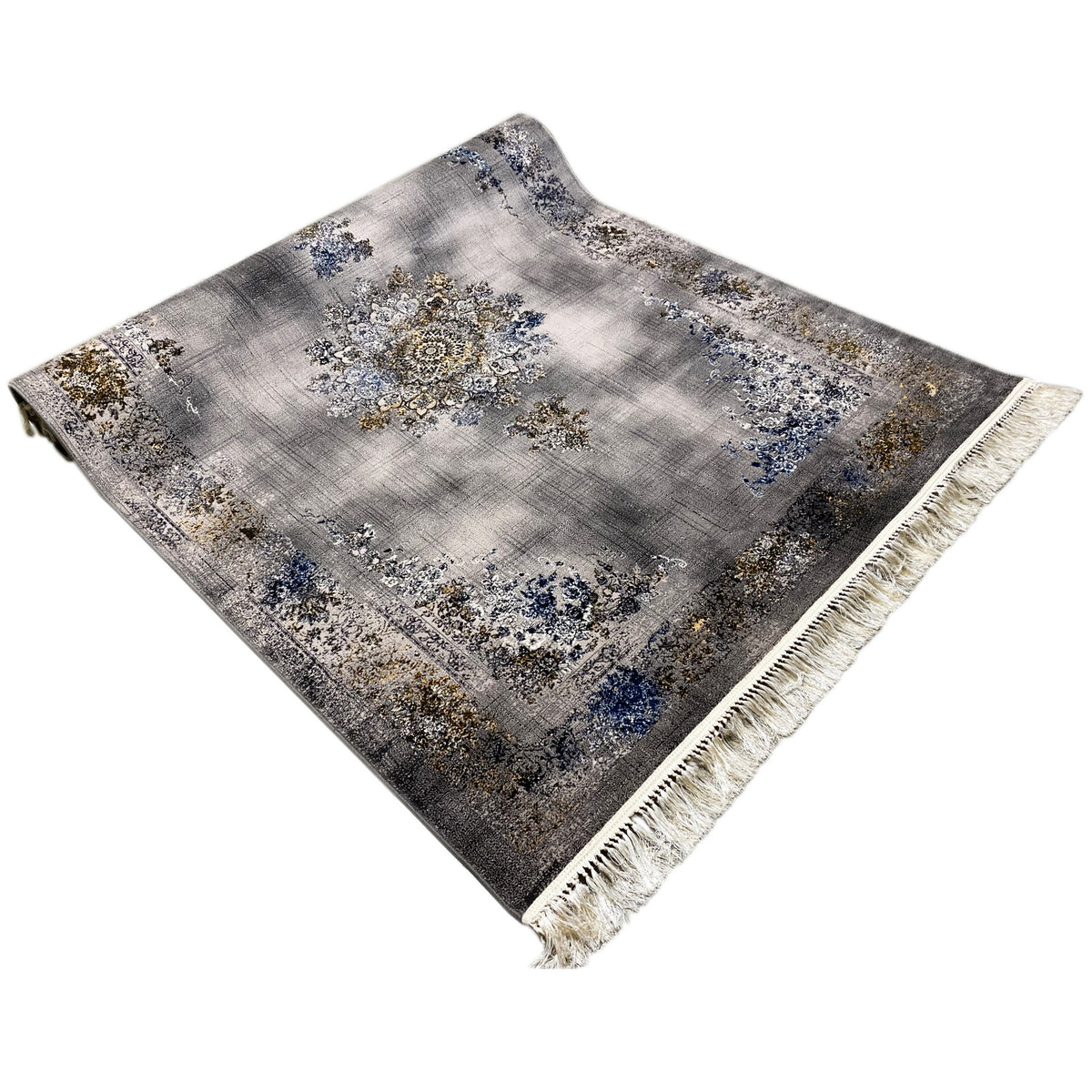 Medallion rug 160x230 cm, square-looking top view: gray with blue and gold motifs, fringes