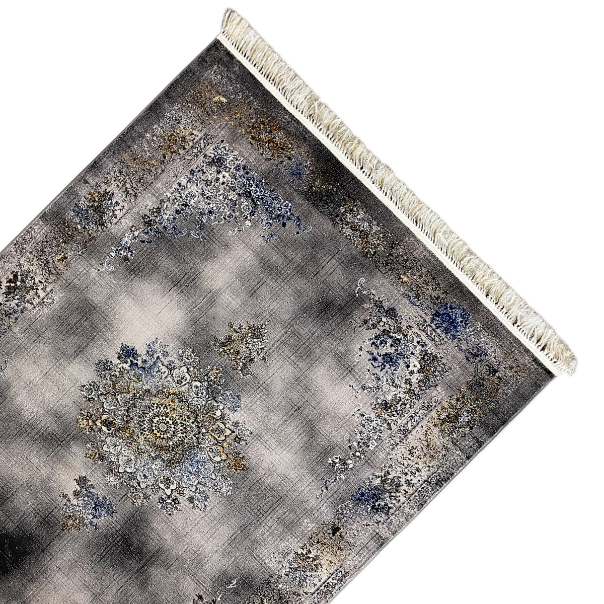Medallion rug 160x230 cm close-up: gray texture with a blue medallion and gold accents, fringes