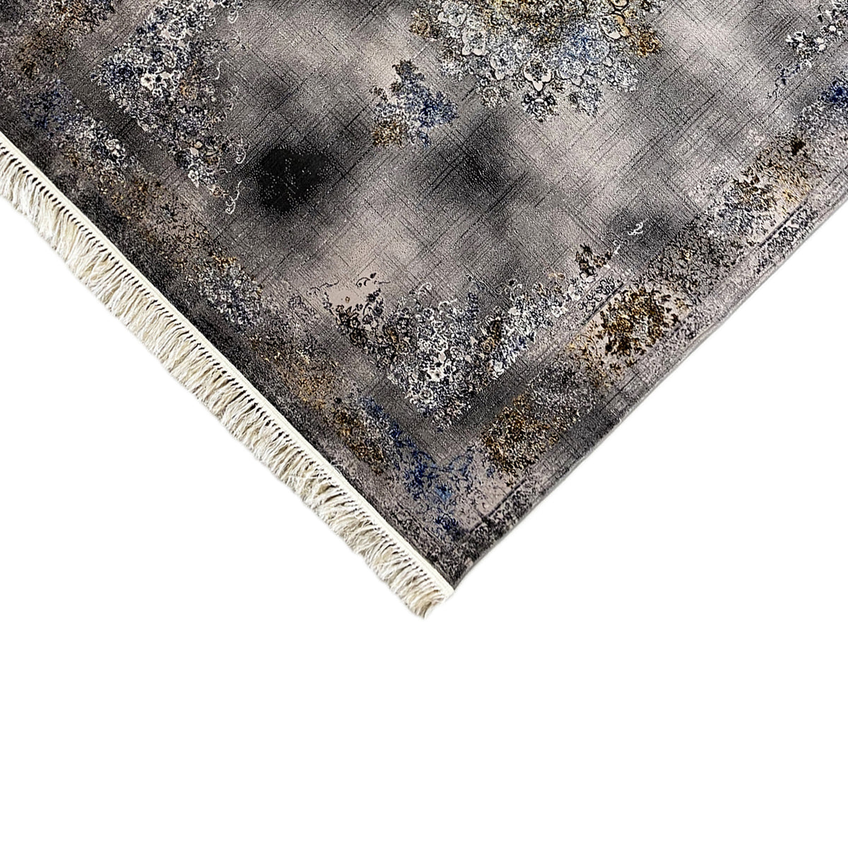 Medallion rug 160x230 cm, fringed corner: gray, blue-and-gold medallion-style ornamentation