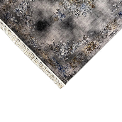 Medallion rug 160x230 cm, fringed corner: gray, blue-and-gold medallion-style ornamentation