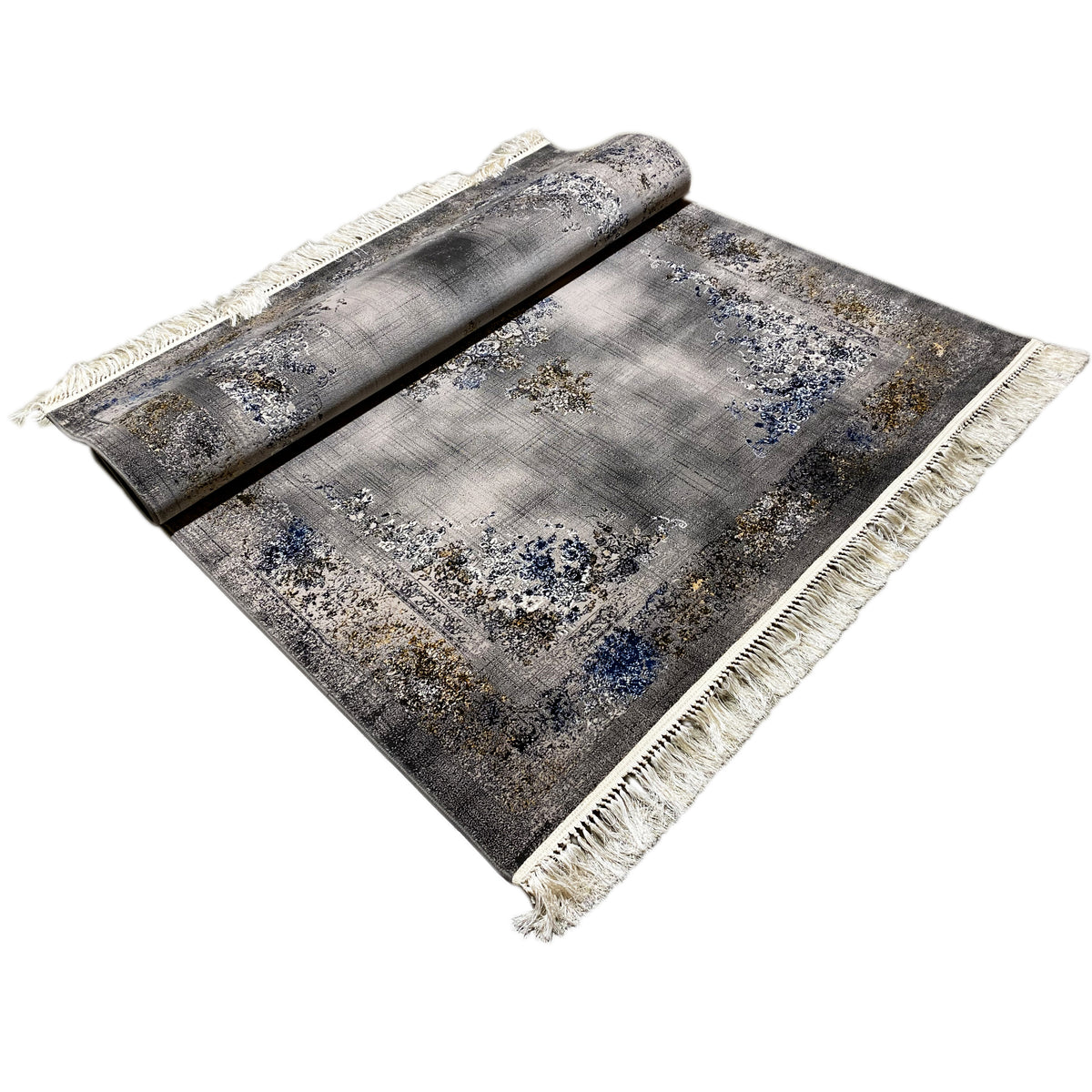 Rectangular rug with a medallion design and floral patterns, gray-blue, gold accents, fringe