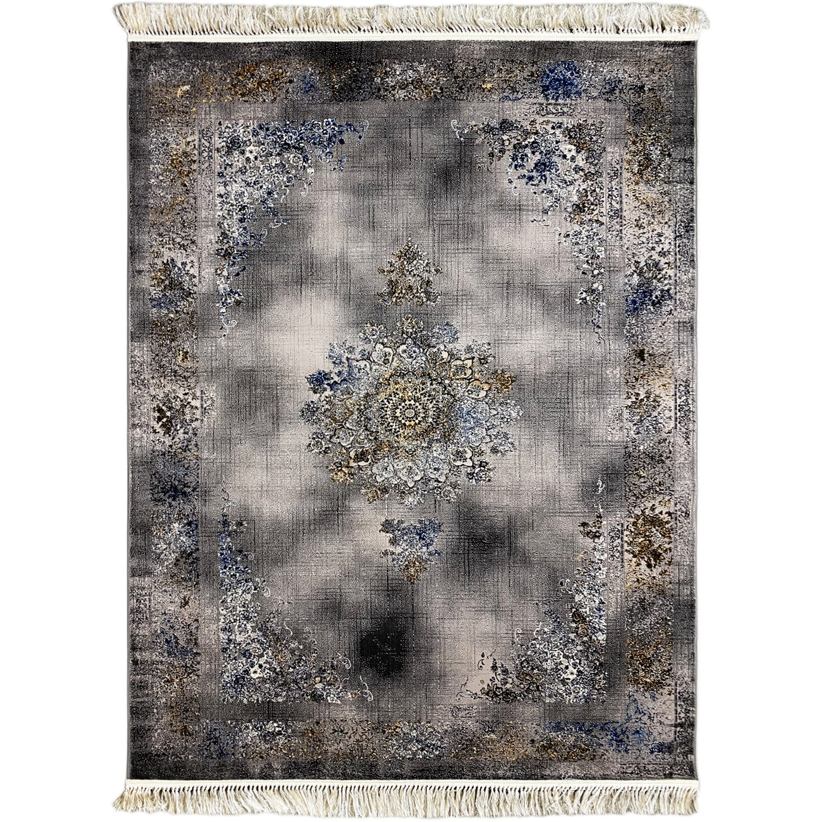 Medallion rug 160x230 cm, gray with a blue-and-gold ornamental medallion, fringes