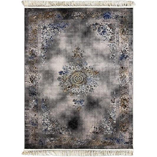 Medallion rug 160x230 cm, gray with a blue-and-gold ornamental medallion, fringes
