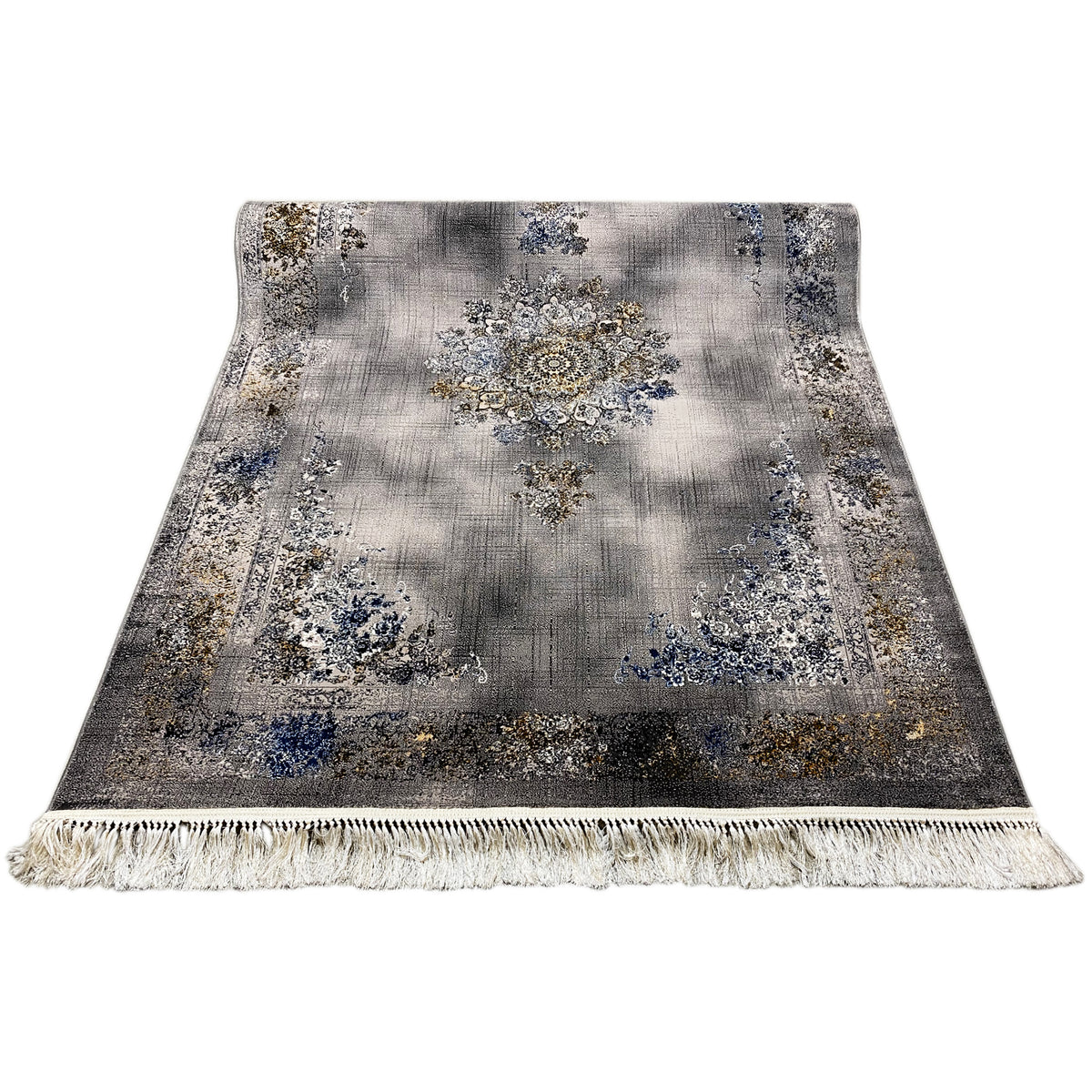 Medallion rug 160x230 cm with a large blue and gold medallion, heather gray, fringes