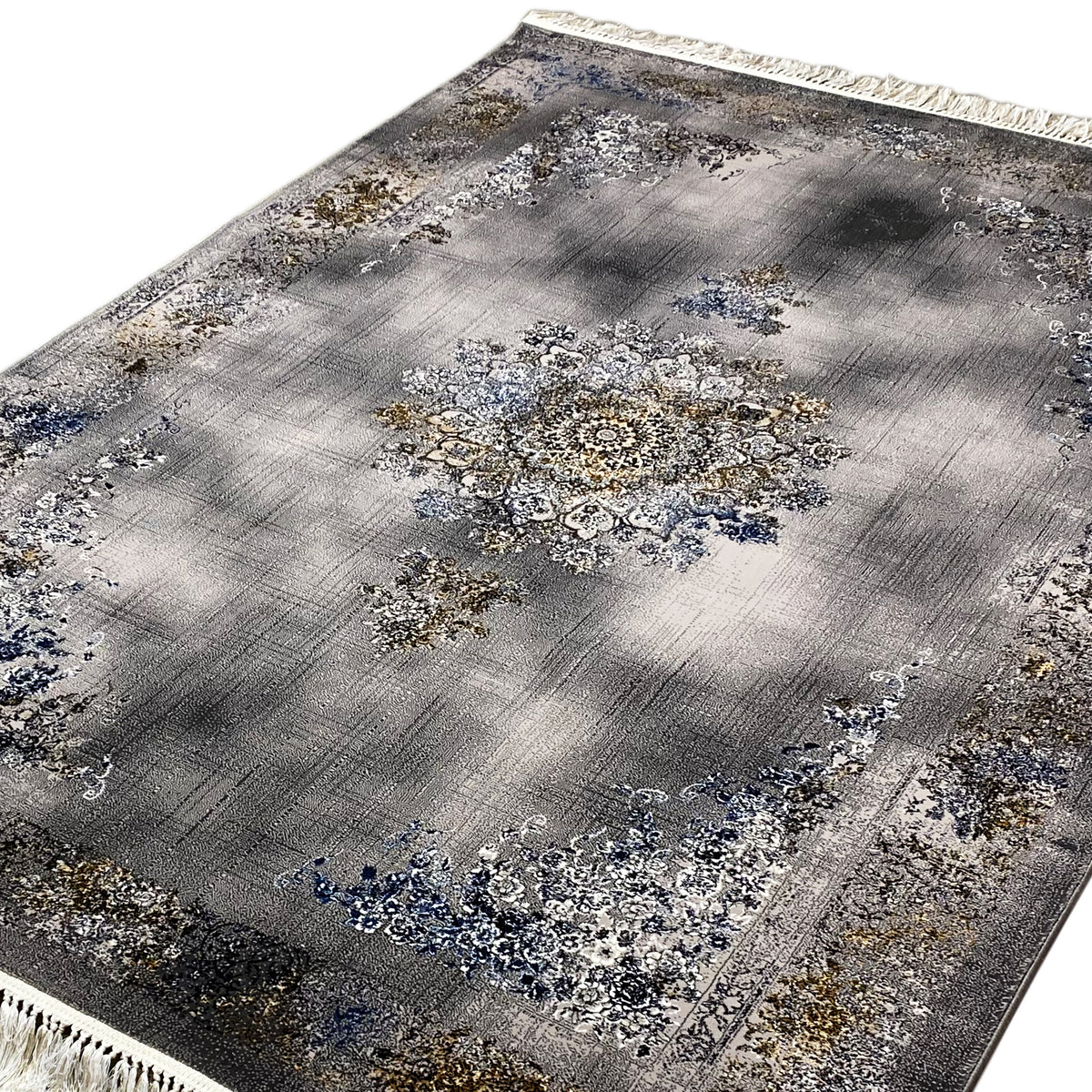 Medallion rug 160x230 cm in gray with detailed blue and gold ornaments, fringes