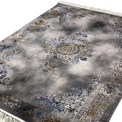 Medallion rug 160x230 cm in gray with detailed blue and gold ornaments, fringes