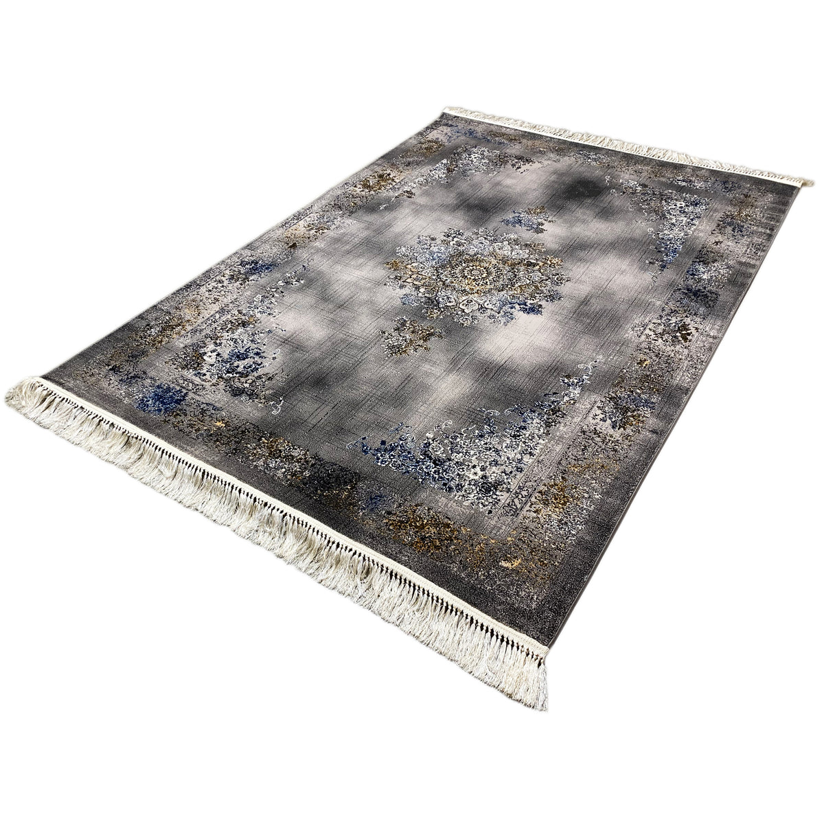 Medallion rug 160x230 cm, diagonal view: gray surface with blue and gold patterns, fringes