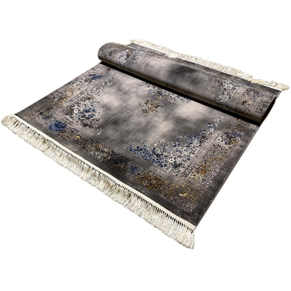 Medallion rug 160x230 cm, with a rolled appearance: gray with blue-and-gold ornament, fringe