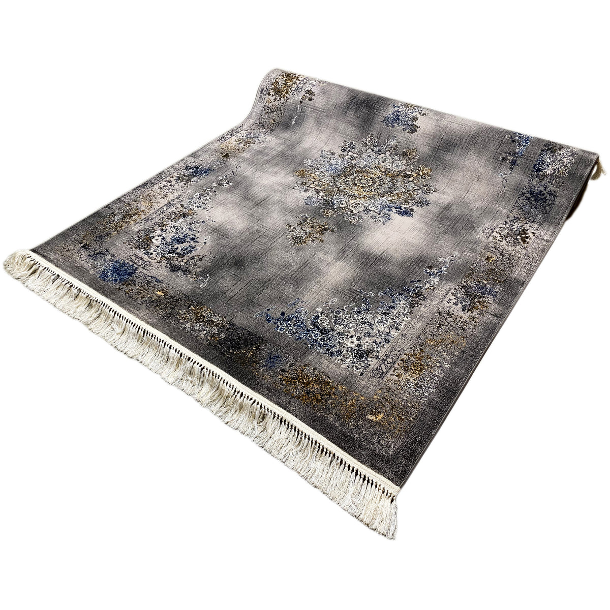 Medallion rug 160x230 cm, laid at an angle: gray, blue-and-gold embellishments, white fringes