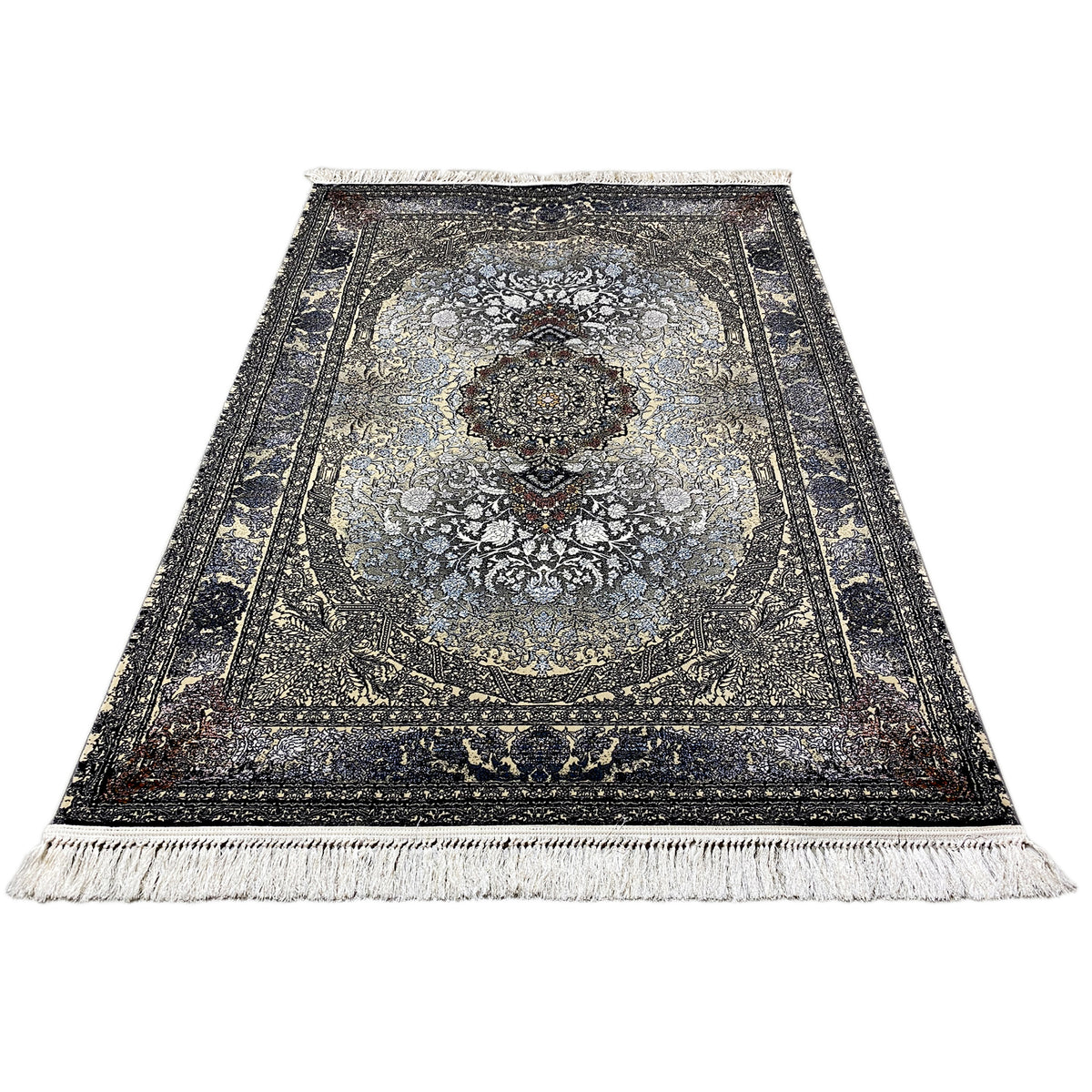 Persian rug 160x230 with a medallion in the center, dark border, and fringe at the top.