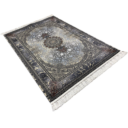 Madrid Persian rug 160x230 with medallion pattern, dark blue-gray and fringes