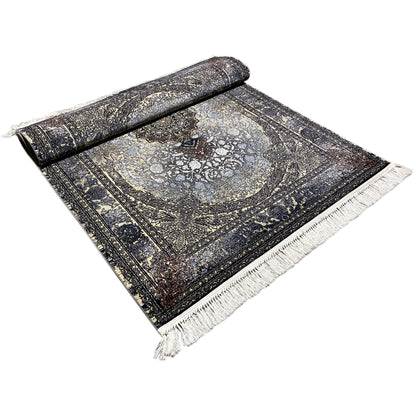 Madrid Persian rug 160x230 with medallion pattern, dark blue-gray; rolled edge