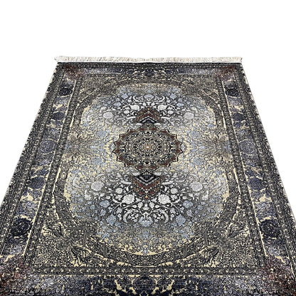Madrid Persian rug 160x230 with decorative border, medallion pattern in dark blue-gray, fringes