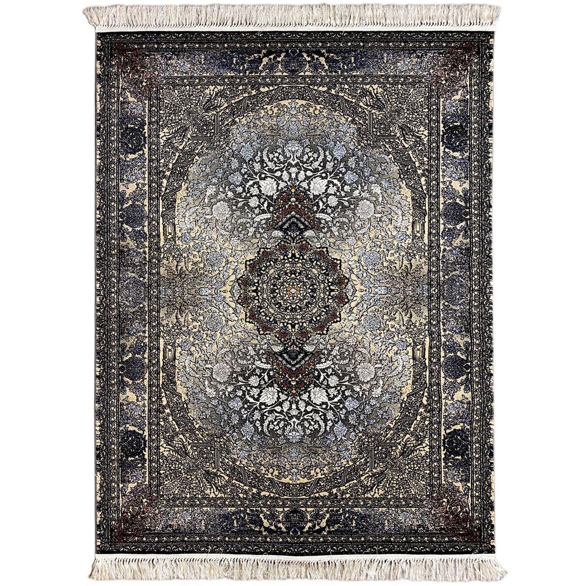 Persian rug 160x230 with medallion pattern, dark vintage look, and fringes along the edges.