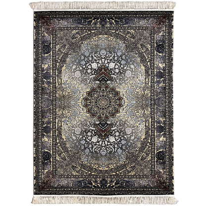 Persian rug 160x230 with medallion pattern, dark vintage look, and fringes along the edges.