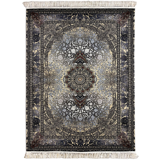 Persian rug 160x230 with medallion pattern, dark vintage look, and fringes along the edges.