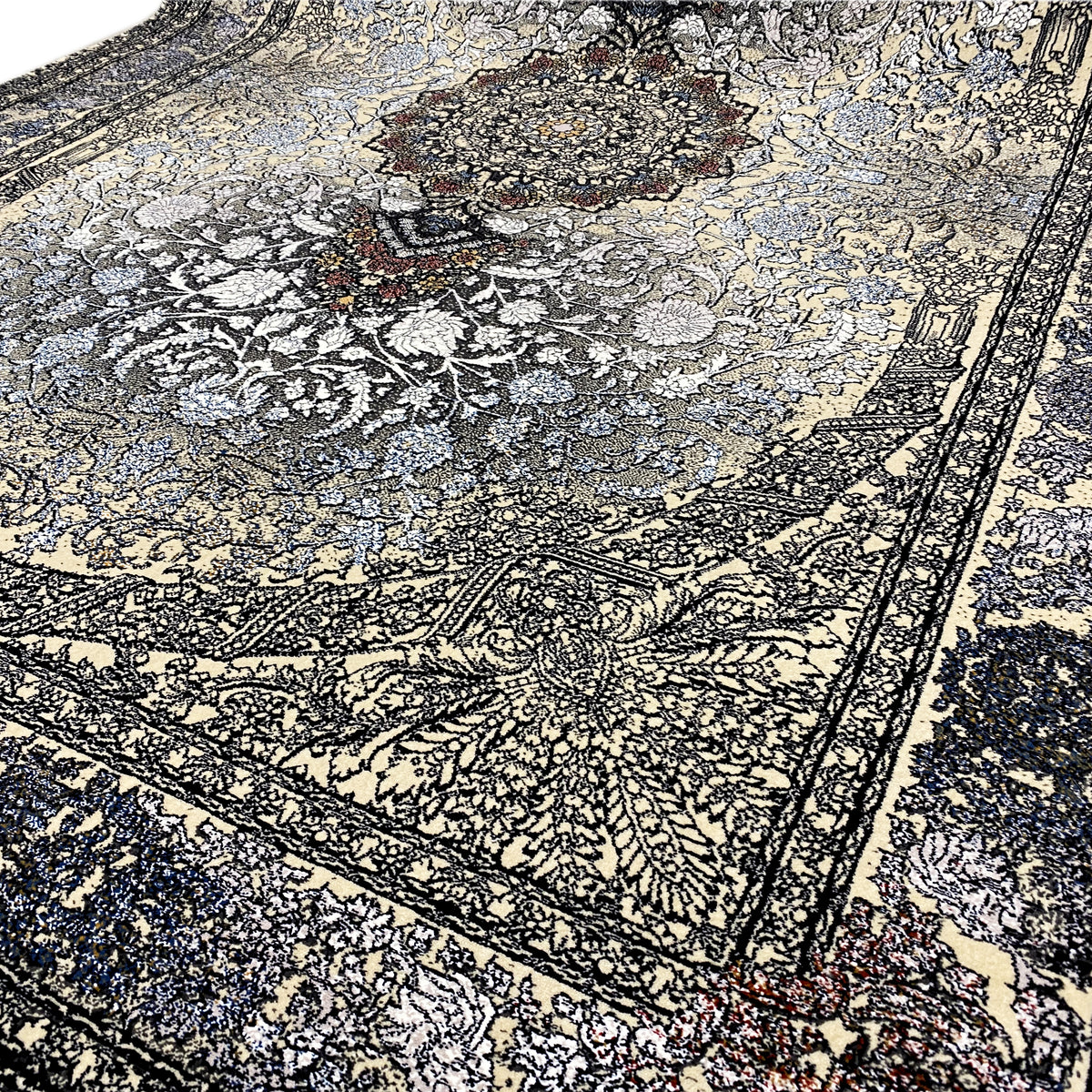 Persian rug 160x230: Detailed view of the oriental ornamental pattern with border and fringe.