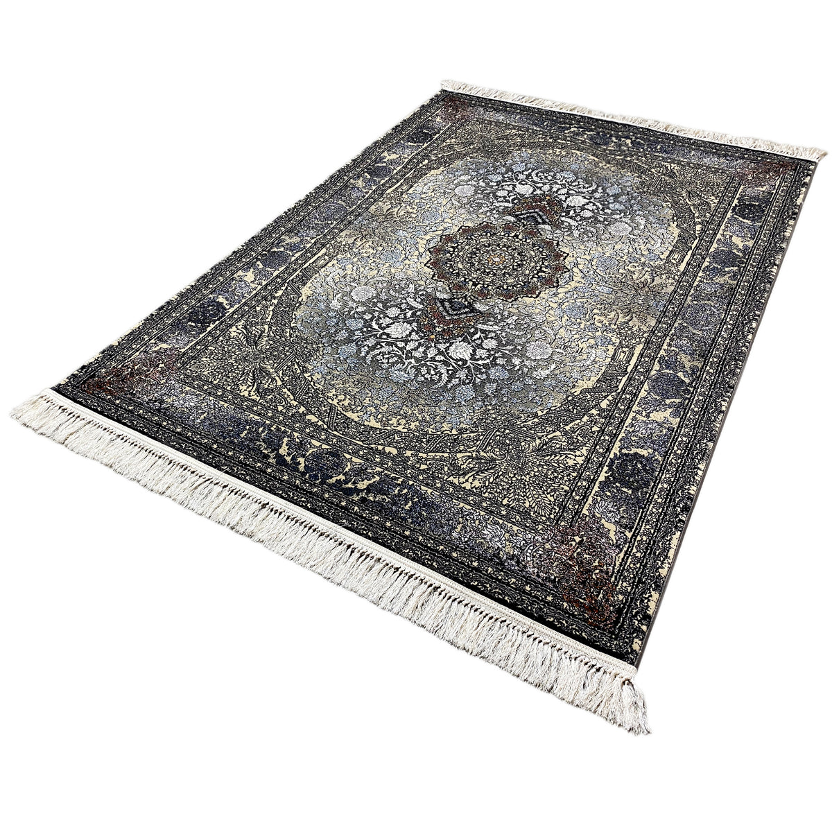 Persian rug 160x230 with vintage ornaments, dark border, and white tassels at the corner.