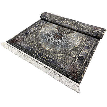 Persian rug 160x230, rolled-up with a medallion pattern and fringes along the edge.