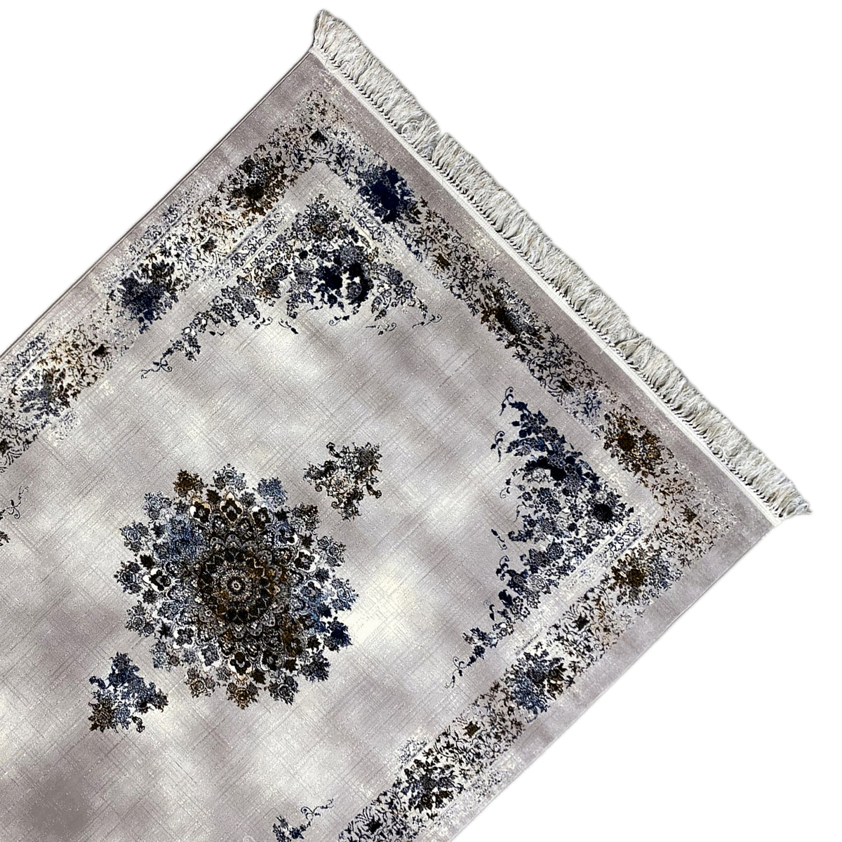 Medallion rug with a central ornament, blue-and-gold pattern, and fringes