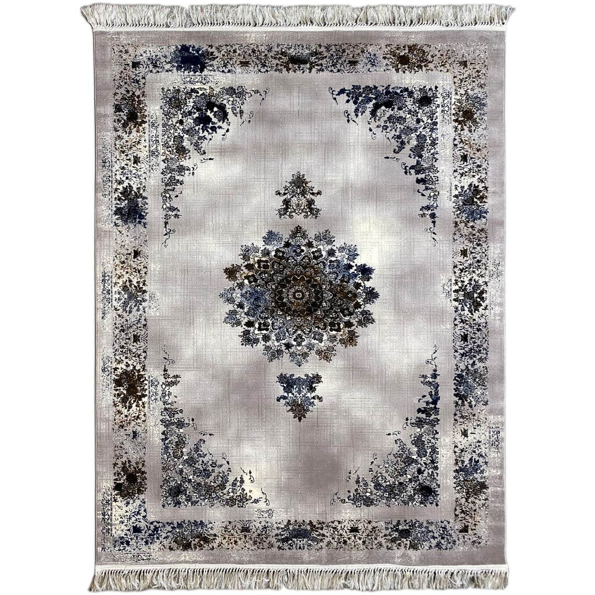 Medal carpet 160x230 with a floral square pattern in blue and brown, with fringes