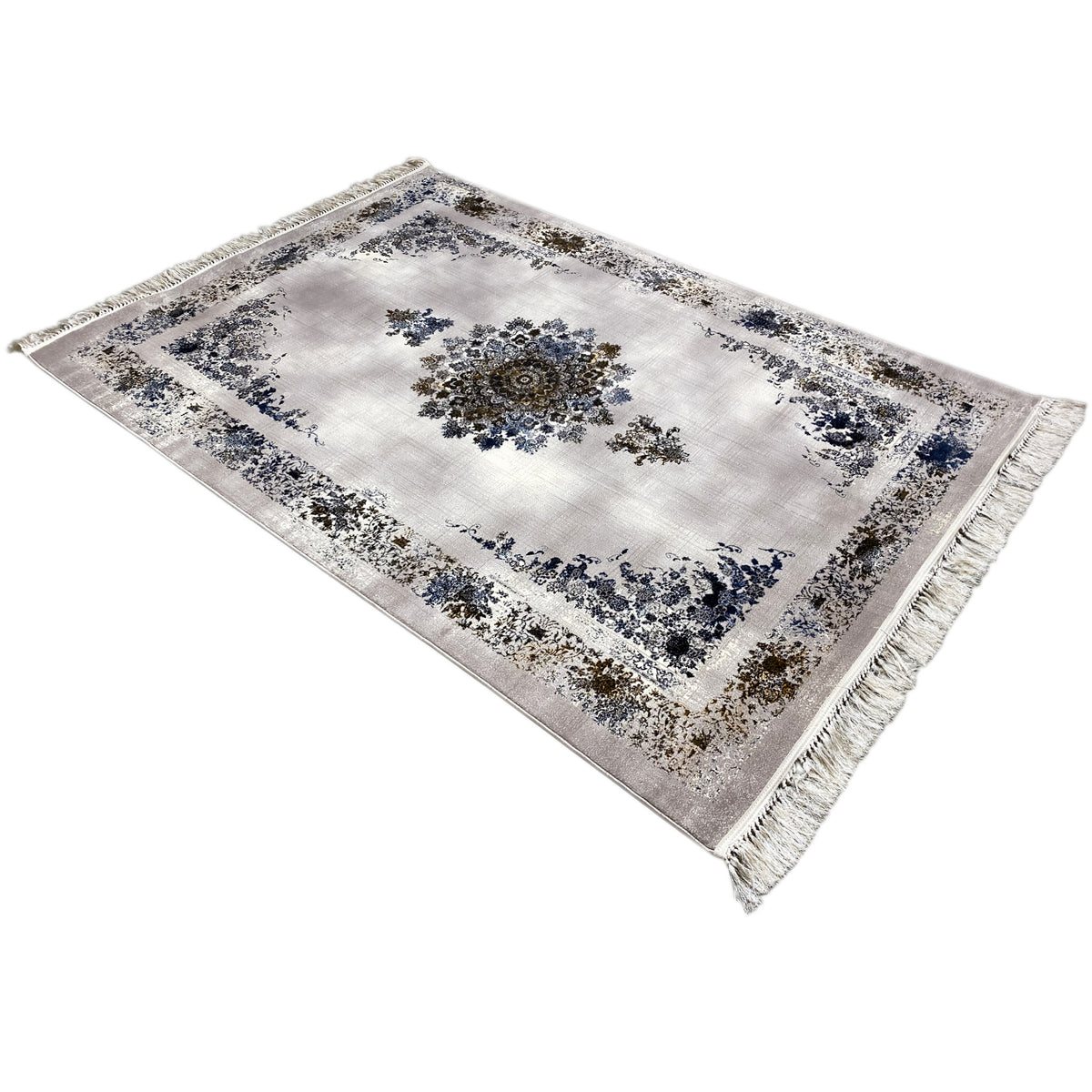 Rectangular medallion rug 160x230, white with a blue-brown medallion, diagonal look, fringes