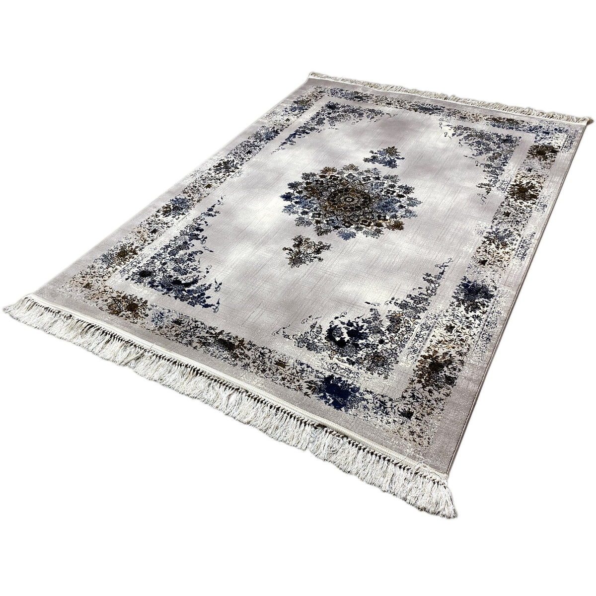 Medallion rug 160x230 in white with a central medallion, surrounding ornament, fringes