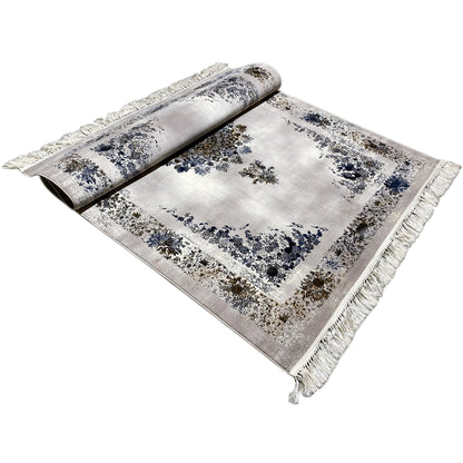 Medallion rug 160x230 with a rolled edge, white background, blue/brown ornaments, fringes