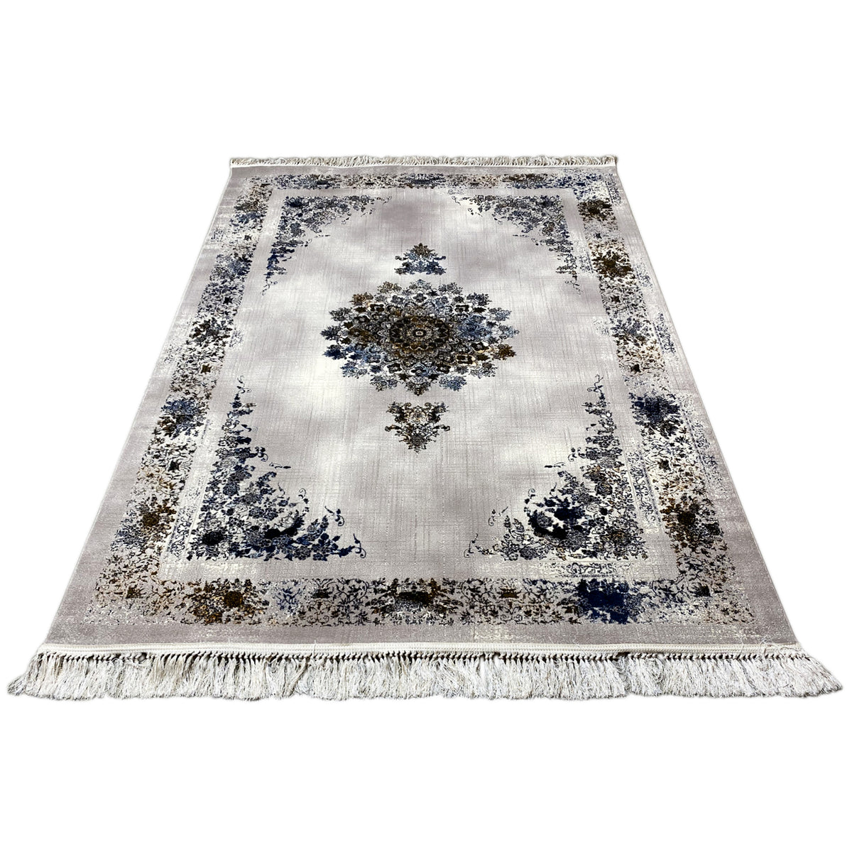 Medal rug 160x230, rectangular, white base with a blue border pattern, fringes