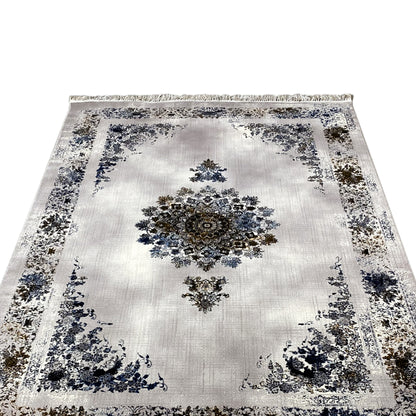 Medallion rug 160x230, close-up of the border and medallion, blue-brown ornament, fringe