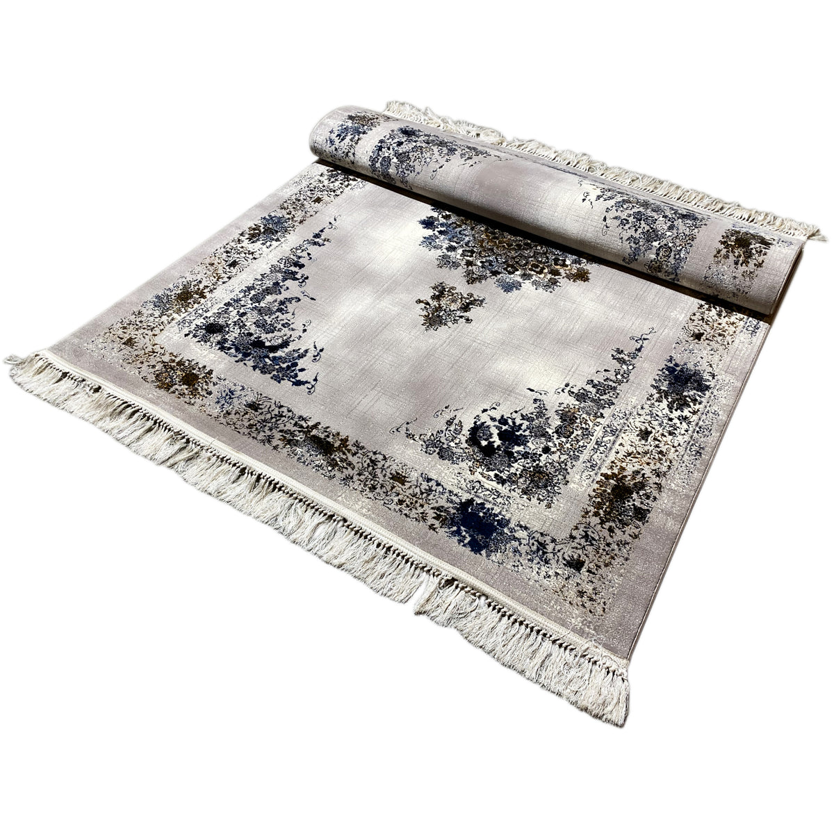 Medallion rug 160x230 with a rolled runner, white with blue medallion ornament, fringes