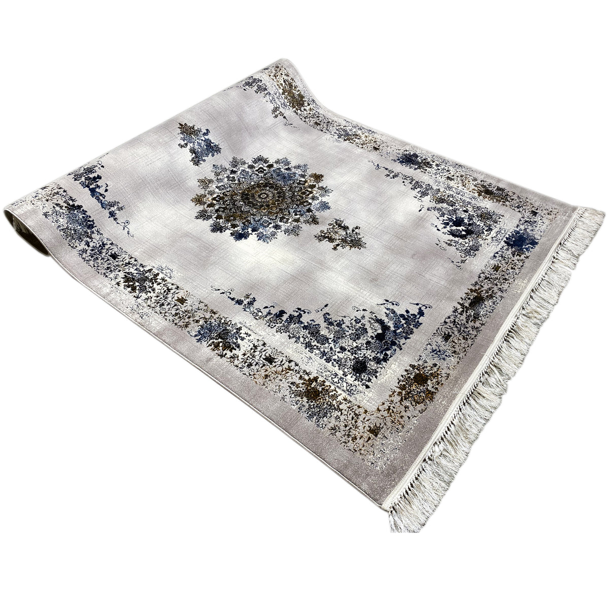 Rectangular medallion rug 160x230 in white with a central medallion, blue-brown embellishments, fringes